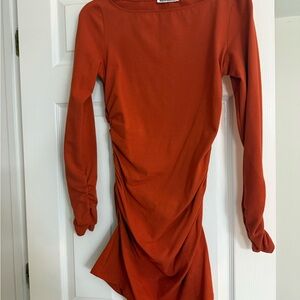 Reformation Long Sleeve Ruched Dress in Rust